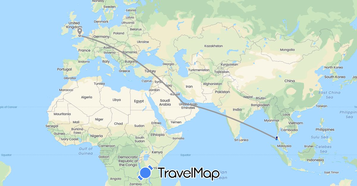 TravelMap itinerary: driving, plane, boat in United Kingdom, Qatar, Thailand (Asia, Europe)